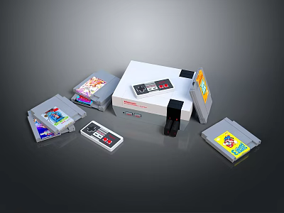 Vintage Nintendo Classic Game Console With Controllers And Game Cartridges 3d model