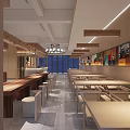 Modern Restaurant Interior With Long Wooden Tables And Colorful Wall Decorations