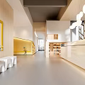 Modern Interior Design With Reception Desk Wooden Bookshelves And Geometric Structures