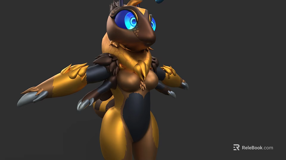 3D Flying Creature Model with Blue Eyes Golden Black Body and Insect Dragon Hybrid Wings 3d model 