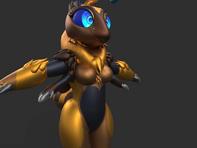 3D Flying Creature Model with Blue Eyes Golden Black Body and Insect Dragon Hybrid Wings 3d model