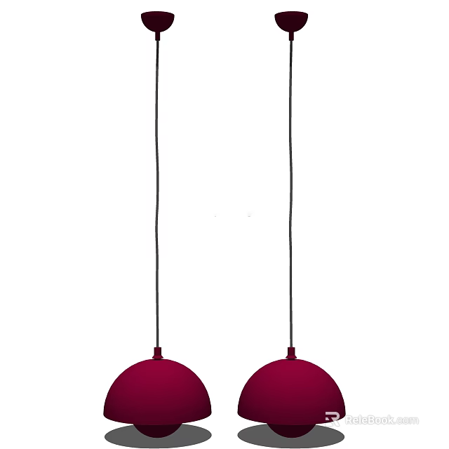 Two Red Spherical Pendant Lights Hanging with Black Cords in Interior Space 3d model