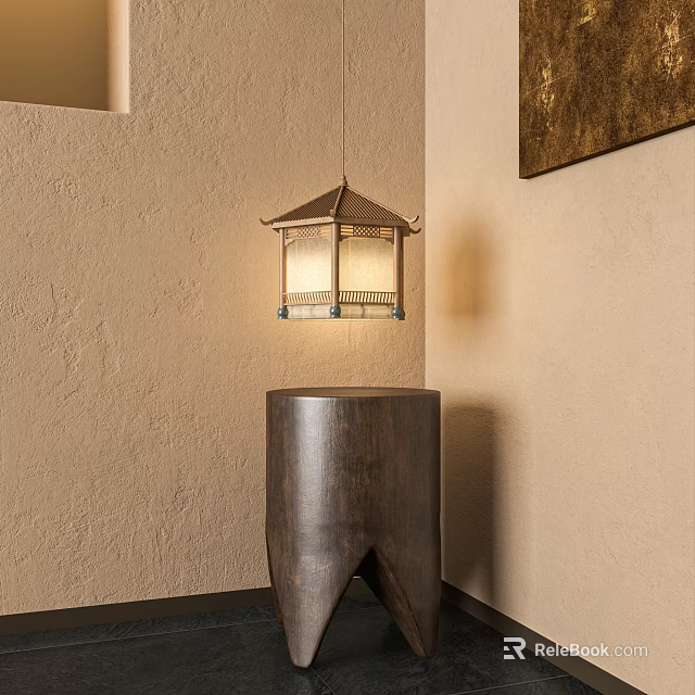 Lantern Floor Lamp with Transparent Shade and Wooden Frame on Dark Stool Against Beige Wall 3d model 