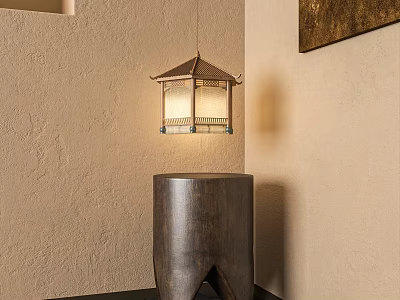 Lantern Floor Lamp with Transparent Shade and Wooden Frame on Dark Stool Against Beige Wall 3d model