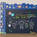 Space Theme Kids Wall Decor Chalkboard with Astronauts Planets Magnetic Stickers Cartoon Figures Ruler Border