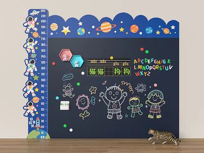 Space Theme Kids Wall Decor Chalkboard with Astronauts Planets Magnetic Stickers Cartoon Figures Ruler Border 3d model