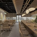 Modern Natural Restaurant Interior With Wooden Tables Rattan Chairs And Hanging Pendant Lights