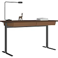 Minimalist Modern Wooden Desk Interior With Black Desk Lamp Deer Figurine And Stack Of Books