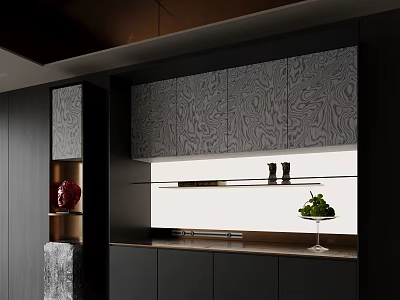 Modern Sideboard Design With Gray Wood Grain Cabinets And Decorative Items On Countertop 3d model