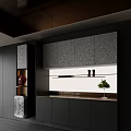 Modern Sideboard Design With Gray Wood Grain Cabinets And Decorative Items On Countertop
