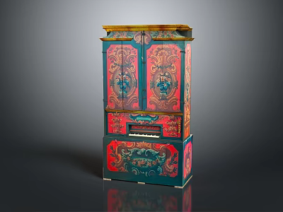 Tall Standing Storage Cabinet With Red Blue Intricate Painted Patterns And Vintage Artistic Design 3d model