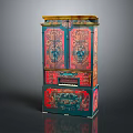 Tall Standing Storage Cabinet With Red Blue Intricate Painted Patterns And Vintage Artistic Design