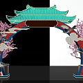 Traditional Chinese Event Archway with Green Roof Red Frame Cloud Patterns Cranes Cherry Blossoms Lanterns