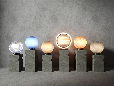 Various Designs Outdoor Lights With Spherical Shape And Colorful Lighting On Gray Pedestals 3d model