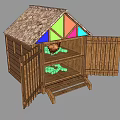 Wooden House Decorative Ornament Set With Colorful Thatched Roof Open Doors Shelves And Green Balls