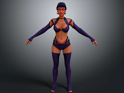 3D Character Model In Stylish Purple Outfit With Long Sleeves And Thigh High Socks 3d model