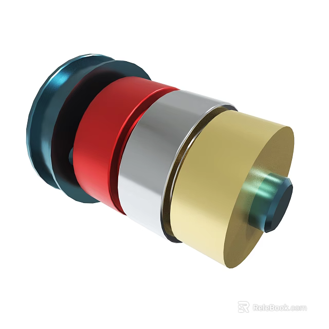 Multi Colored Cylindrical Mechanical Component With Blue Red Silver And Gold Sections 3d model 