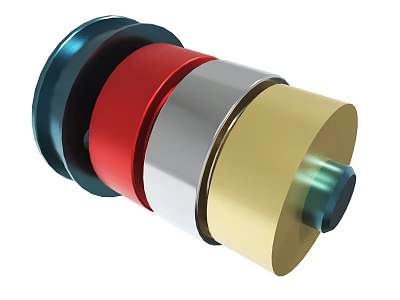 Multi Colored Cylindrical Mechanical Component With Blue Red Silver And Gold Sections 3d model