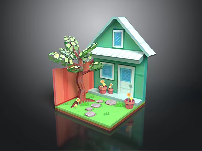 Scenic View of Green Small House with White Roof Red Fence and Large Tree 3d model