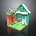 Scenic View of Green Small House with White Roof Red Fence and Large Tree