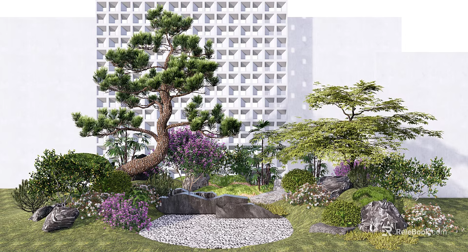 Courtyard Garden With Curved Pine Tree Purple Flowers Green Shrubs And Pebble Ground 3d model 