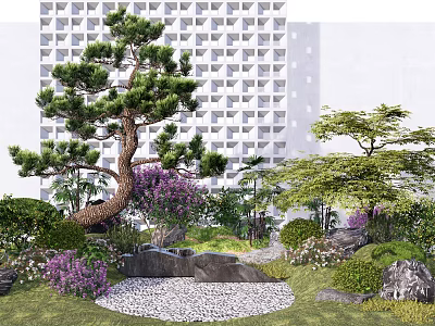 Courtyard Garden With Curved Pine Tree Purple Flowers Green Shrubs And Pebble Ground 3d model