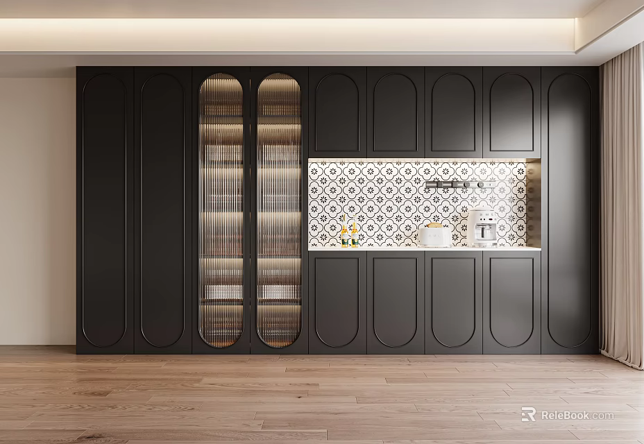 Modern Black Wine Cabinet With Glass Doors And Geometric Pattern Backsplash 3d model 