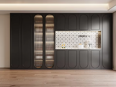 Modern Black Wine Cabinet With Glass Doors And Geometric Pattern Backsplash 3d model