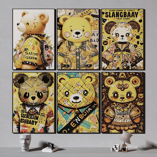 Vibrant Cartoon Bears With Unique Artistic Designs And Decorative Wall Prints 3d model 