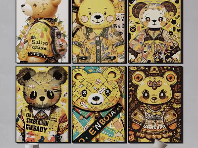 Vibrant Cartoon Bears With Unique Artistic Designs And Decorative Wall Prints 3d model