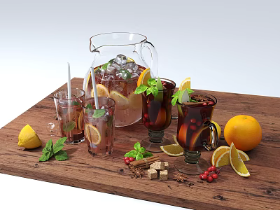 Refreshing Homemade Drinks in Glass Pitcher Cups with Lemon Slices Mint Leaves Orange Cinnamon and Cranberries 3d model