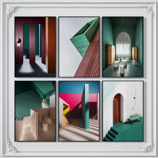 Modern Interior Design Artworks With Various Geometric Shapes And Colorful Spaces 3d model 