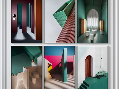 Modern Interior Design Artworks With Various Geometric Shapes And Colorful Spaces 3d model