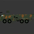 Camouflaged Military Vehicle with Multiple Wheels and Radar Equipment on Top