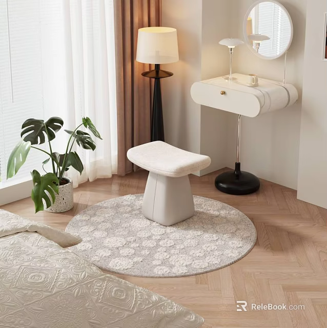 White Padded Stool on Round Rug with Monstera Plant Floor Lamp and Dressing Table 3d model 