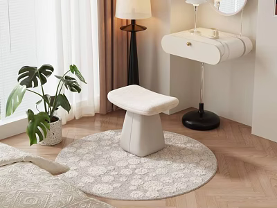 White Padded Stool on Round Rug with Monstera Plant Floor Lamp and Dressing Table 3d model