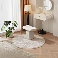 White Padded Stool on Round Rug with Monstera Plant Floor Lamp and Dressing Table