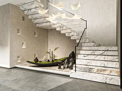 Modern Marble Staircase With Glass Railing And Pendant Lights In Interior Space 3d model
