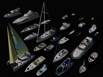 Classic Wooden Boat Collection Featuring Various Sailboats and Yachts on Black Background 3d model