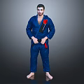 Martial Artist In Blue Judo Uniform With Black Belt And Red Dragon Creature Posing