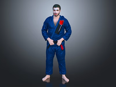 Martial Artist In Blue Judo Uniform With Black Belt And Red Dragon Creature Posing 3d model