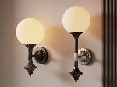 Elegant Round Globe Wall Lamps With Metal Bases Mounted On Beige Interior Wall 3d model