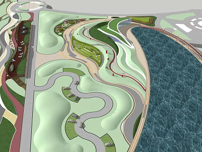 Waterfront Landscape Design With Winding Paths Green Spaces And Riverside Views 3d model