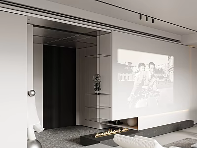 Modern Living Room Interior With Projection Screen White Sofa Black Bookshelf And Fireplace 3d model