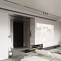 Modern Living Room Interior With Projection Screen White Sofa Black Bookshelf And Fireplace