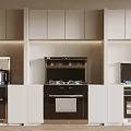 Modern Kitchen With Cabinets Coffee Machine Gas Stove And Oven Appliances