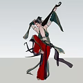 Woman Dancing In Traditional Costume With Flowing Ribbons And Instrument Against Mountain Clouds