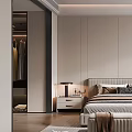Modern Gray Tone Bedroom Interior With Open Closet Area Rug Bedside Lamp And Accent Chair