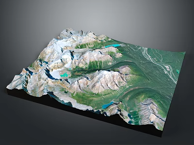 3D Terrain Model Featuring Mountain Ranges Blue Water Bodies And Green Vegetation Areas 3d model