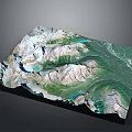 3D Terrain Model Featuring Mountain Ranges Blue Water Bodies And Green Vegetation Areas